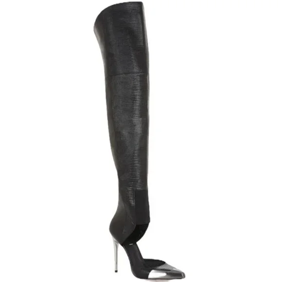BCBGMAXAZRIA RUNWAY CONCORDE STAMPEDE OVER THE KNEE BLACK LEATHER BOOTS HTF 10M - Picture 1 of 16